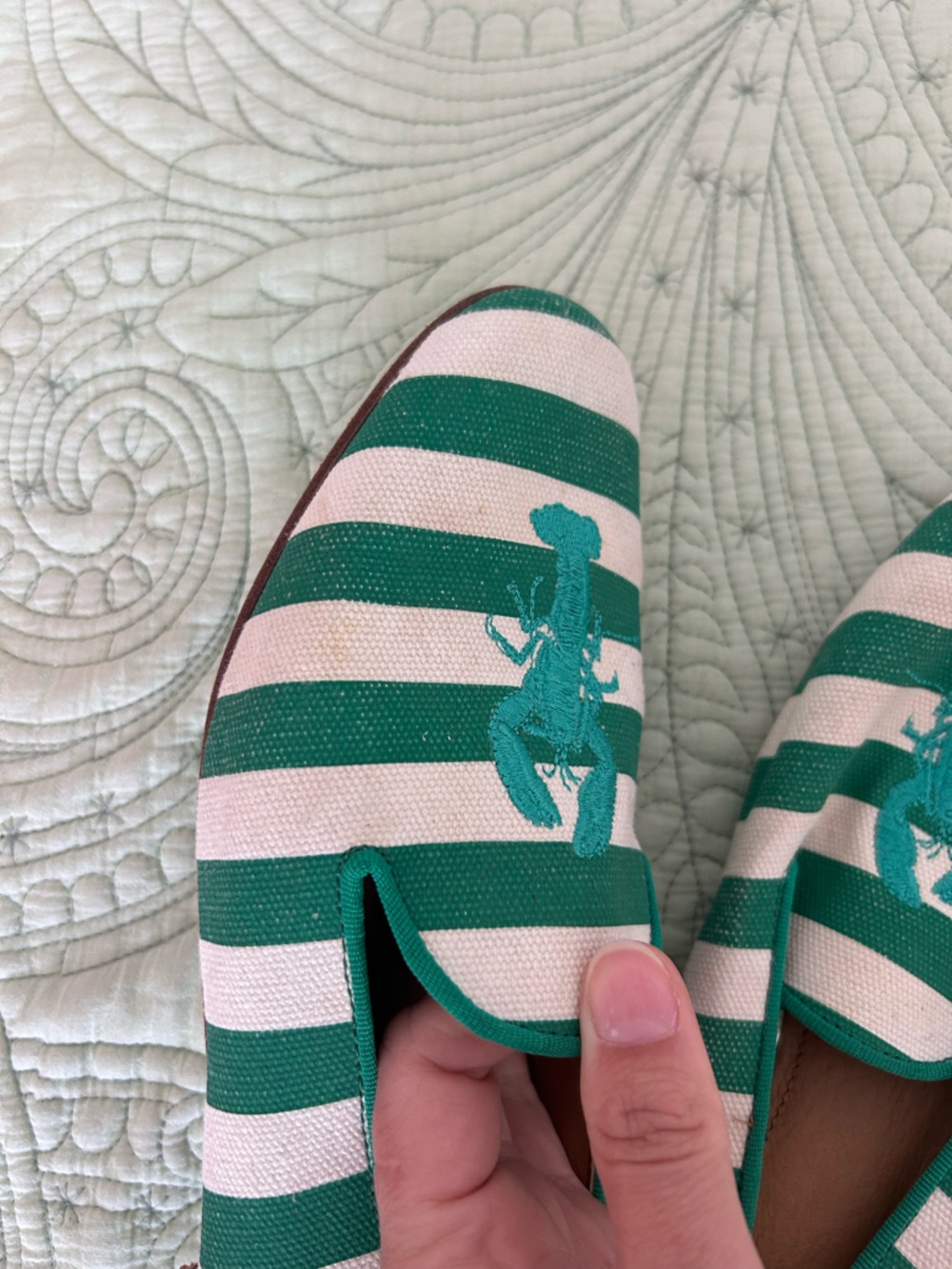Coach Green and White Striped Canvas and leather Loafers lobster Embroidery - Picture 4 of 10